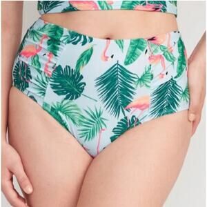 Old Navy High Cut Swim Bottoms Size L Blue Tropical Print Resort Boho